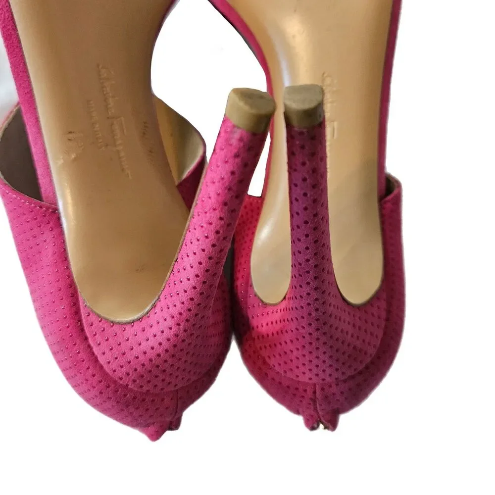 Salvatore Ferragamo Hot Pink Suede Open Toe Bow Accent Stiletto Heels Size 5.5 C